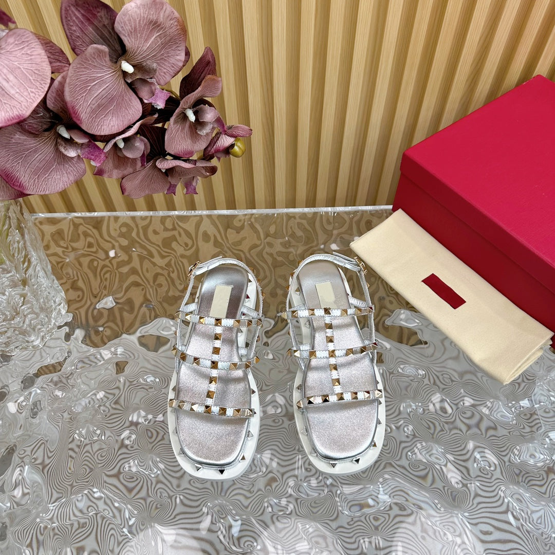 Rockstud M-Way Platform Sandal Grey Leather