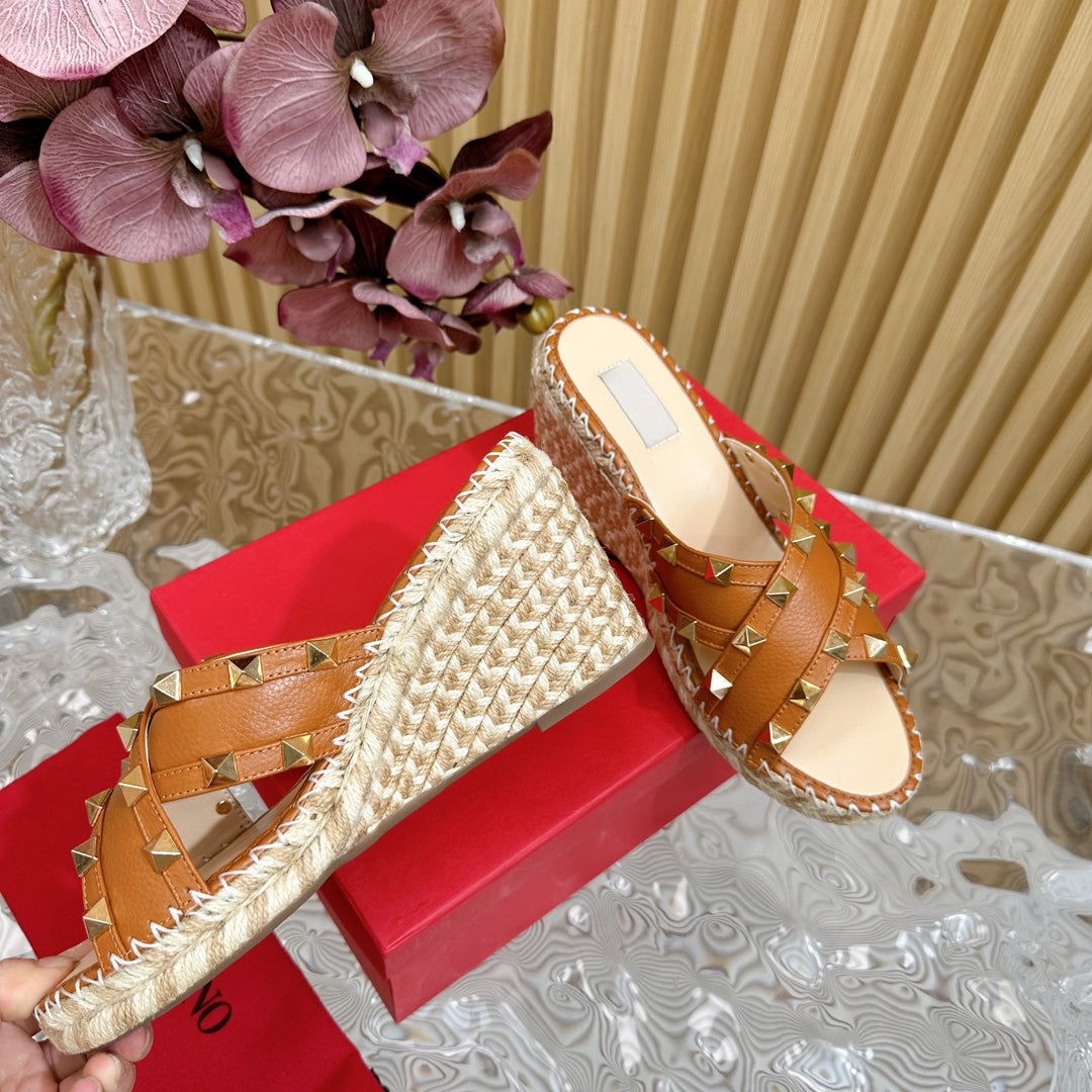 Rockstud Crisscross Espadrilles 80mm Sandal Wedges Brown