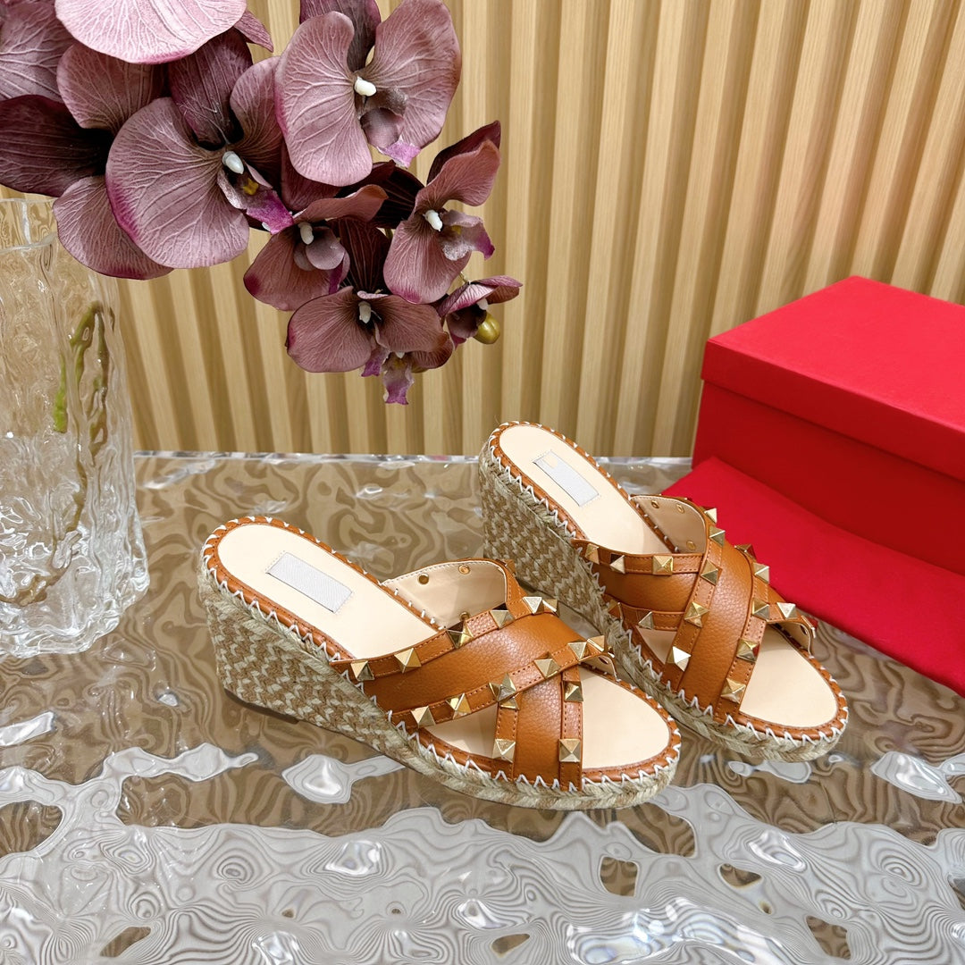 Rockstud Crisscross Espadrilles 80mm Sandal Wedges Brown