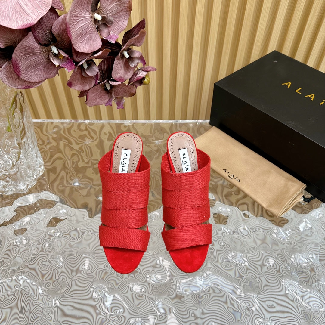 ALAIA ELASTIC CAGE MULE SANDALS IN CHERRY RED WOVEN STRAP AND LAMBSKIN