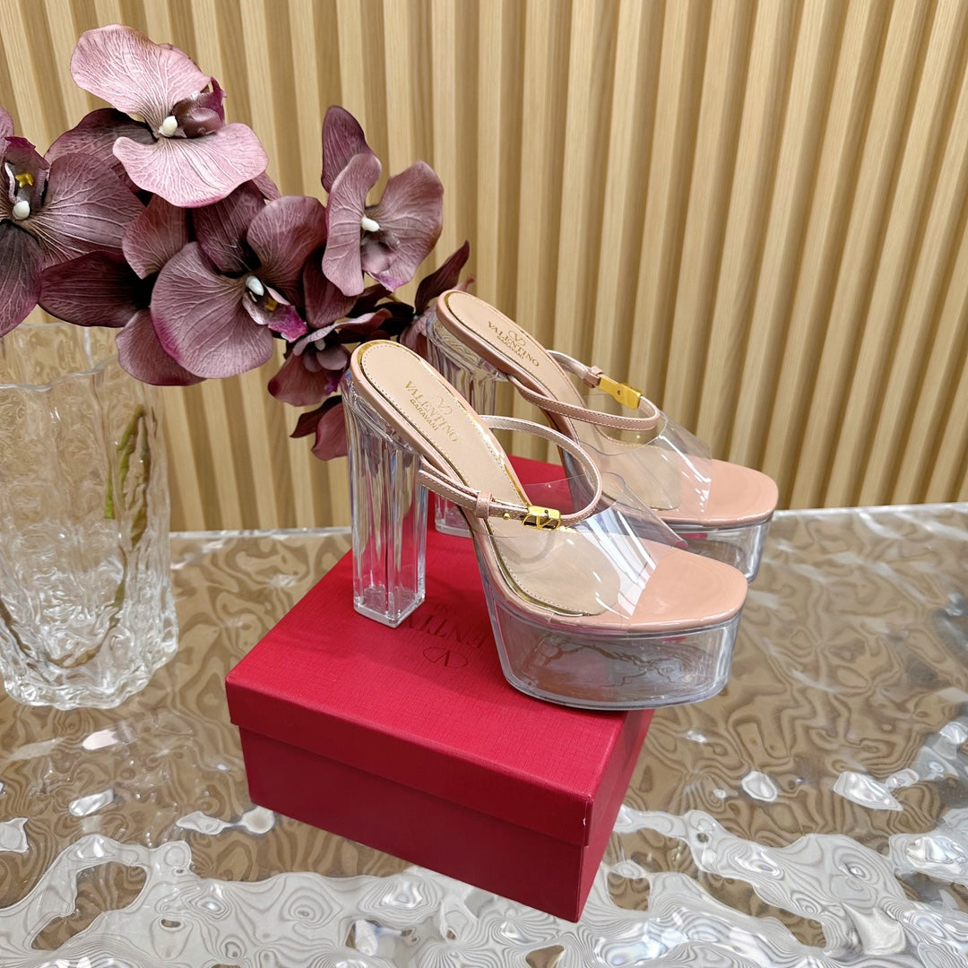 HIGH HEEL SANDAL 14CM IN NUDE TAN CALFSKIN AND TRANSPARENT PVC