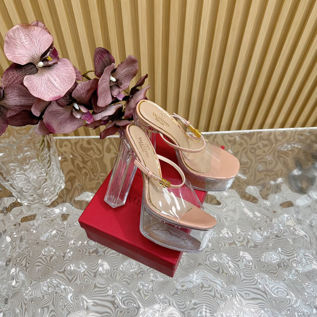 HIGH HEEL SANDAL 14CM IN NUDE TAN CALFSKIN AND TRANSPARENT PVC