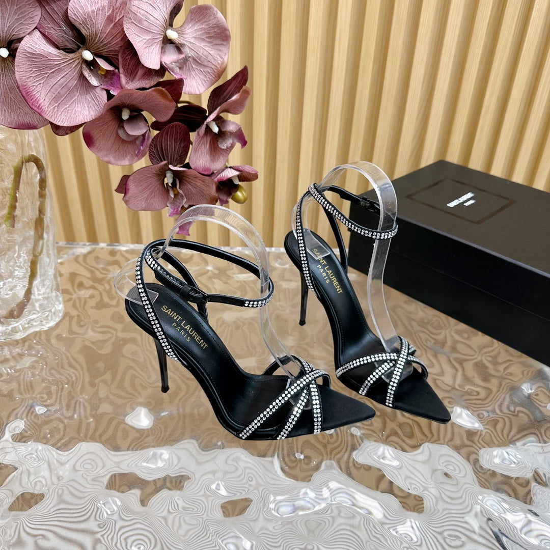 SL ONE-STRAP RHINESTONE BLACK SATIN