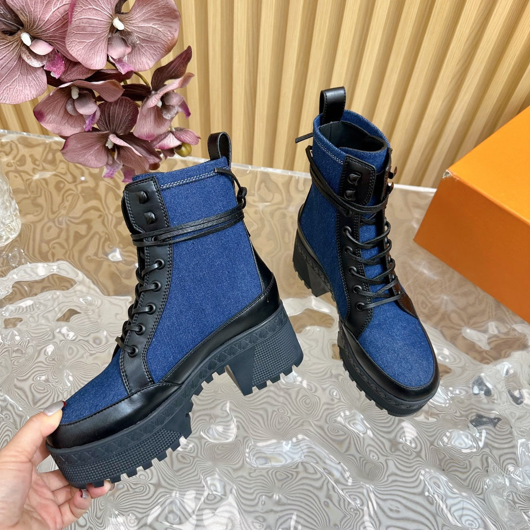 LV Laureate Platform Desert Boot 70mm Dark Blue Denim Fabric