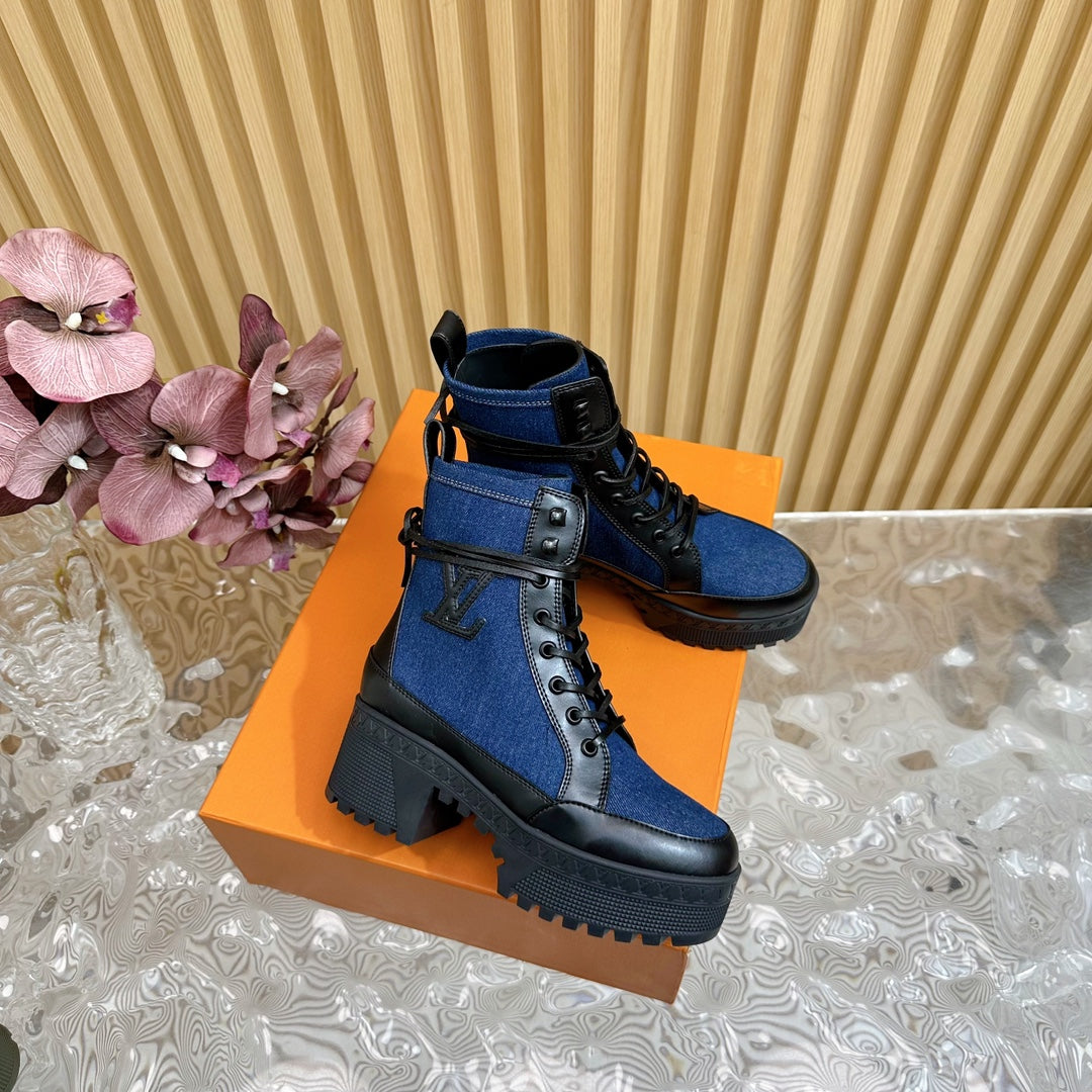 LV Laureate Platform Desert Boot 70mm Dark Blue Denim Fabric