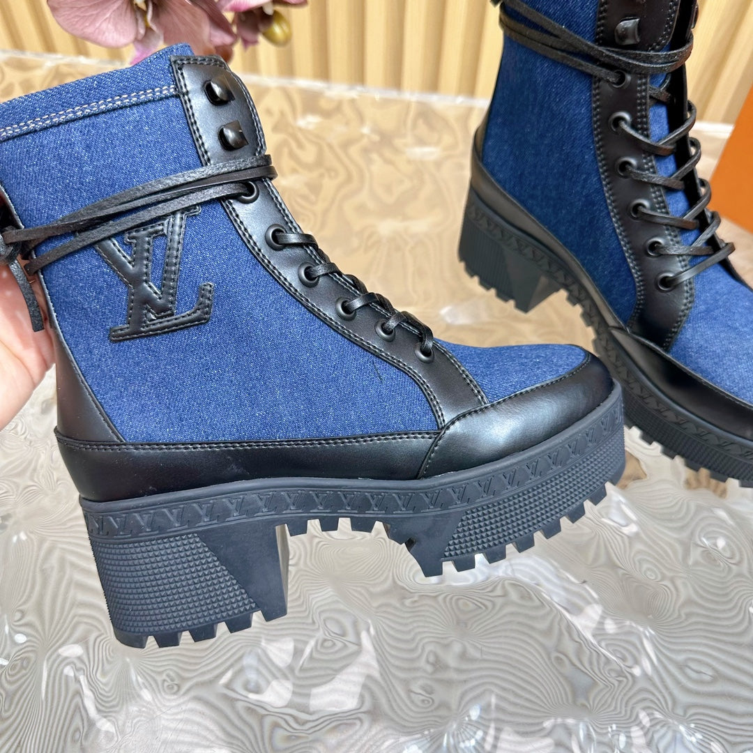 LV Laureate Platform Desert Boot 70mm Dark Blue Denim Fabric