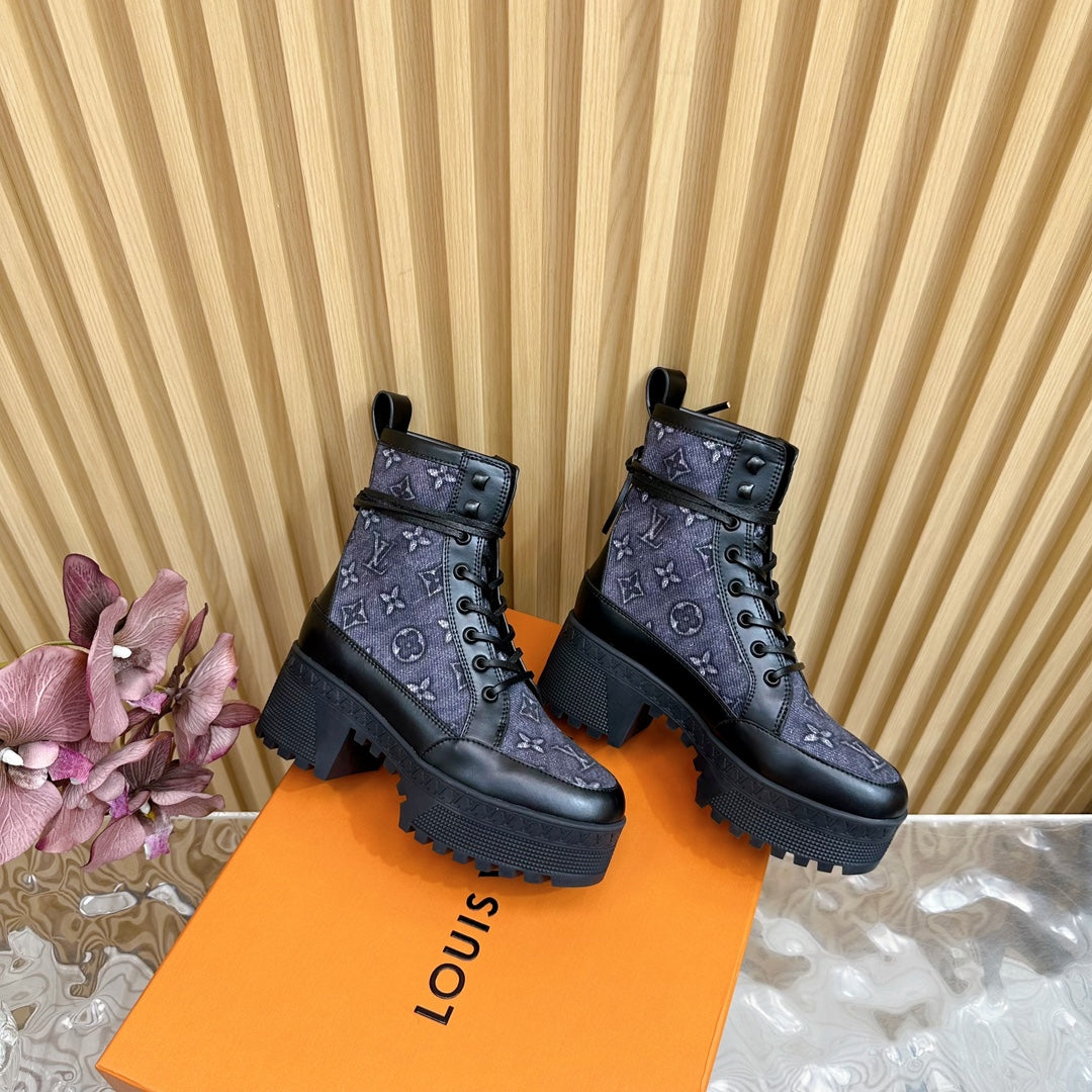 LV Laureate Platform Desert Boot 70mm Blue Black Monogram Jacquard Fabric