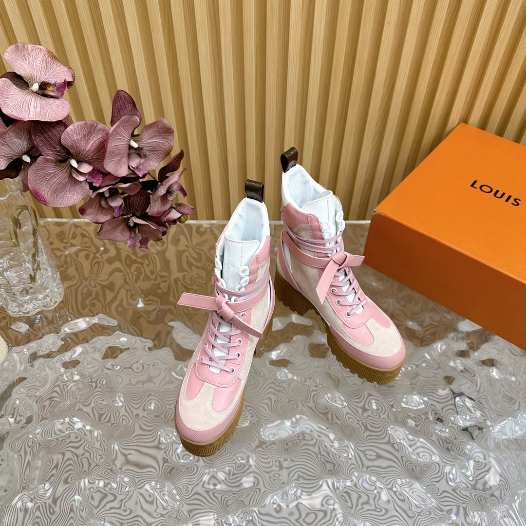 LV Laureate Platform Desert Boot 70mm Pink Mix Beige Suede