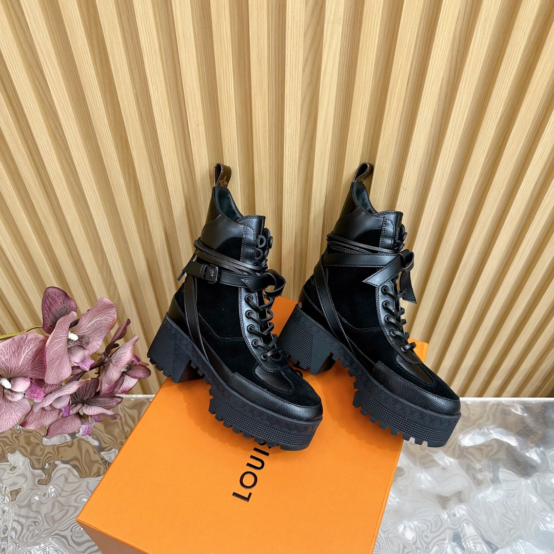 LV Laureate Platform Desert Boot 70mm Black Suede