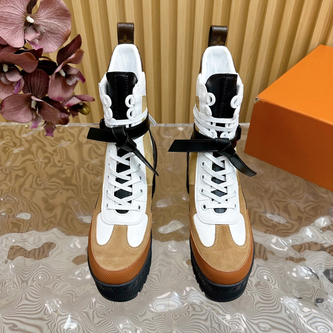 LV Laureate Platform Desert Boot 70mm Brown Yellow Suede