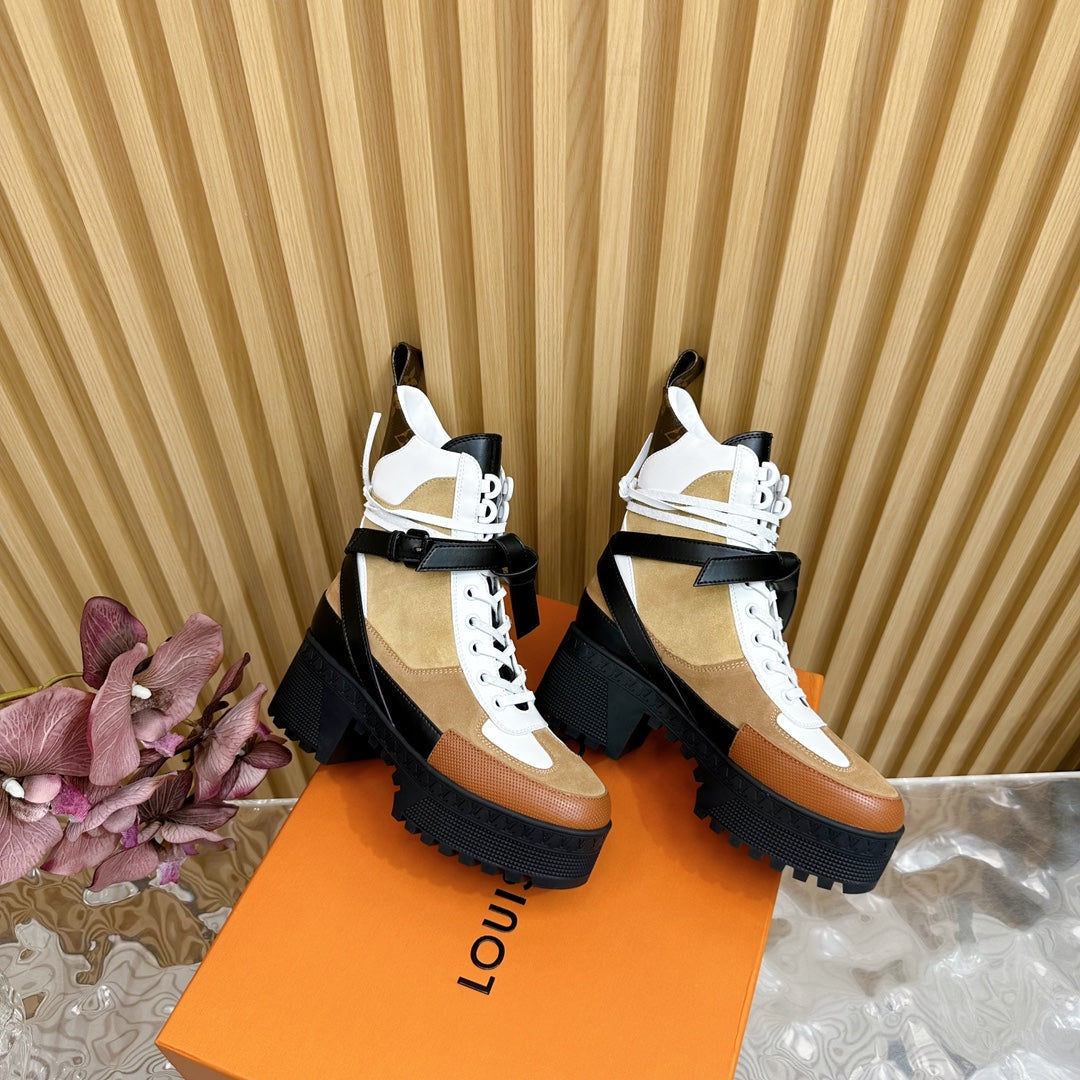 LV Laureate Platform Desert Boot 70mm Brown Yellow Suede