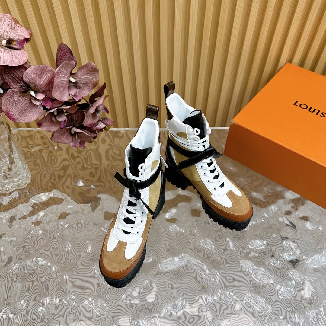 LV Laureate Platform Desert Boot 70mm Brown Yellow Suede