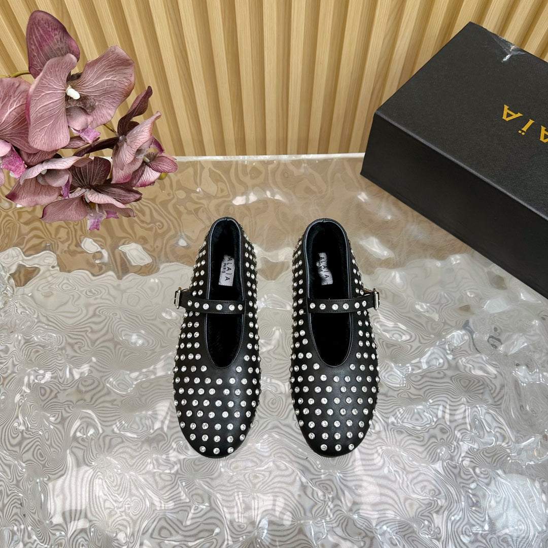 Alaia Strass Ballet Flats In Black Calfskin With Fleece Lining  926043