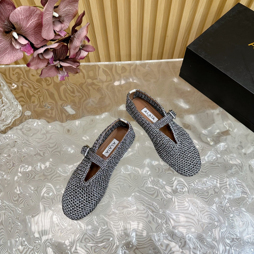 Alaia Ballet Flats In Dark Grey Stretch Woven Sedge 102278