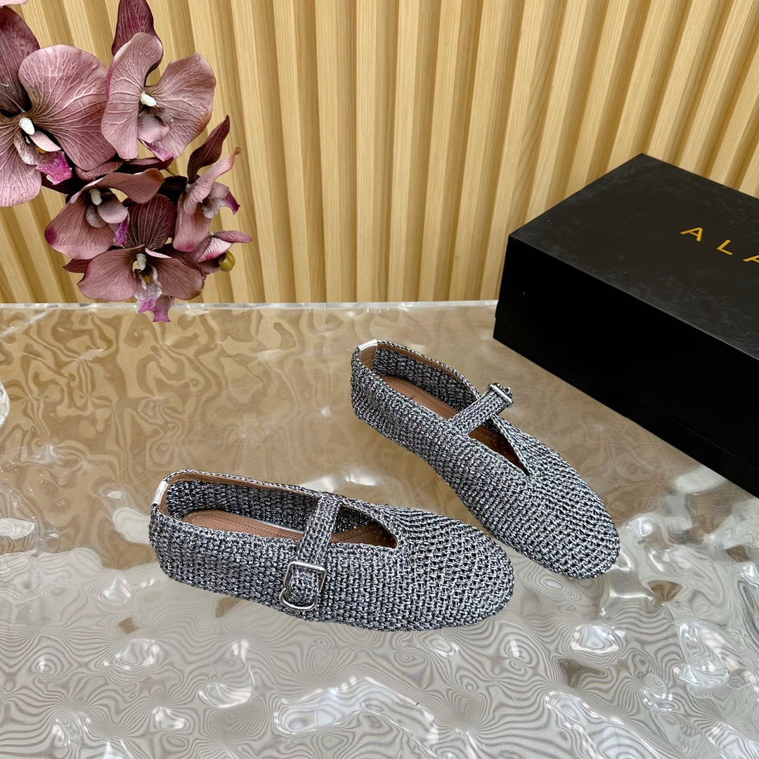 Alaia Ballet Flats In Dark Grey Stretch Woven Sedge 102278