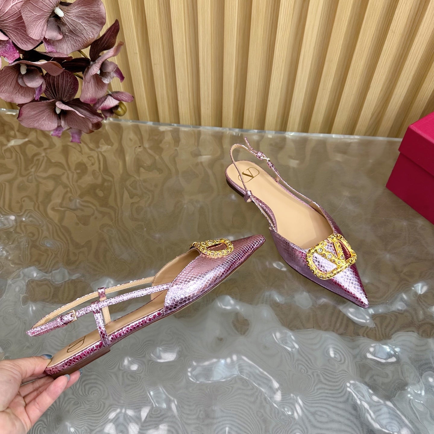 VT Slingback Flat Pink Snake-grain Leather 331936