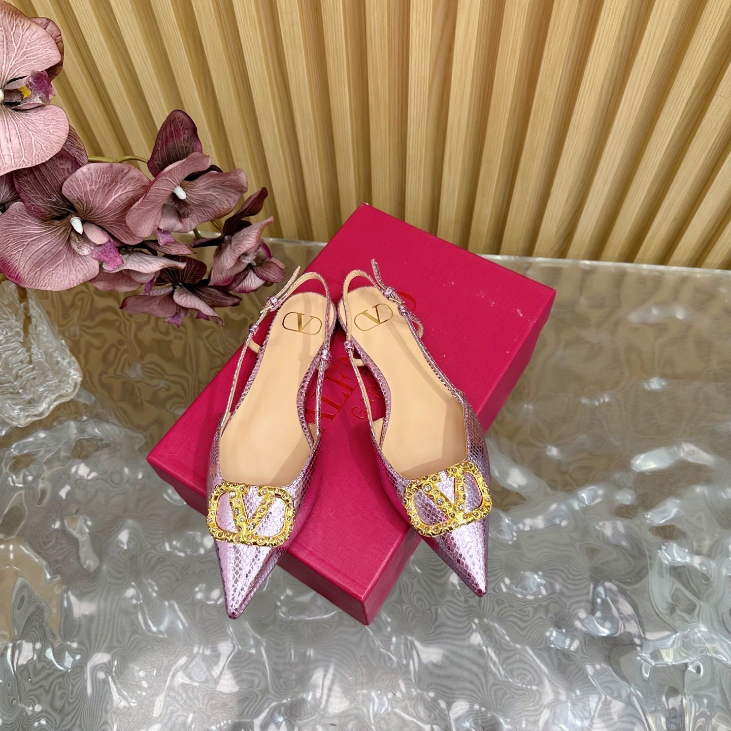 VT Slingback Flat Pink Snake-grain Leather 331936