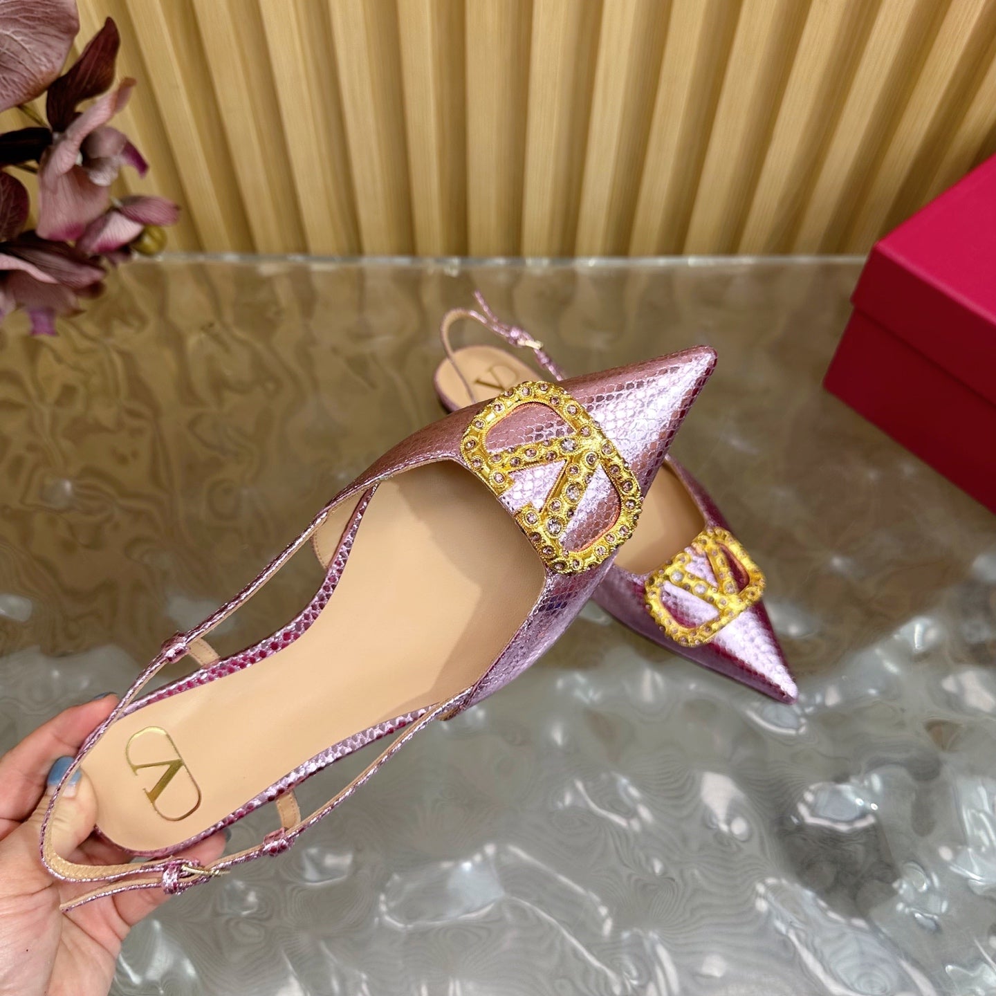 VT Slingback Flat Pink Snake-grain Leather 331936
