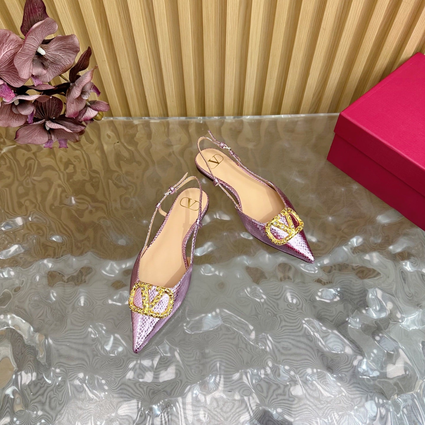 VT Slingback Flat Pink Snake-grain Leather 331936