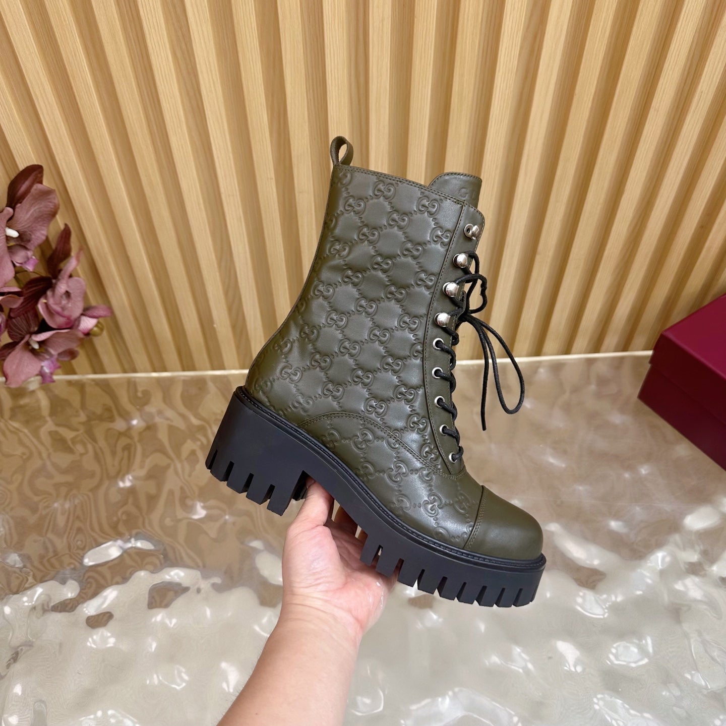 Gucci 2025 Boot Olive Green Black Embossed Cowhide 498050