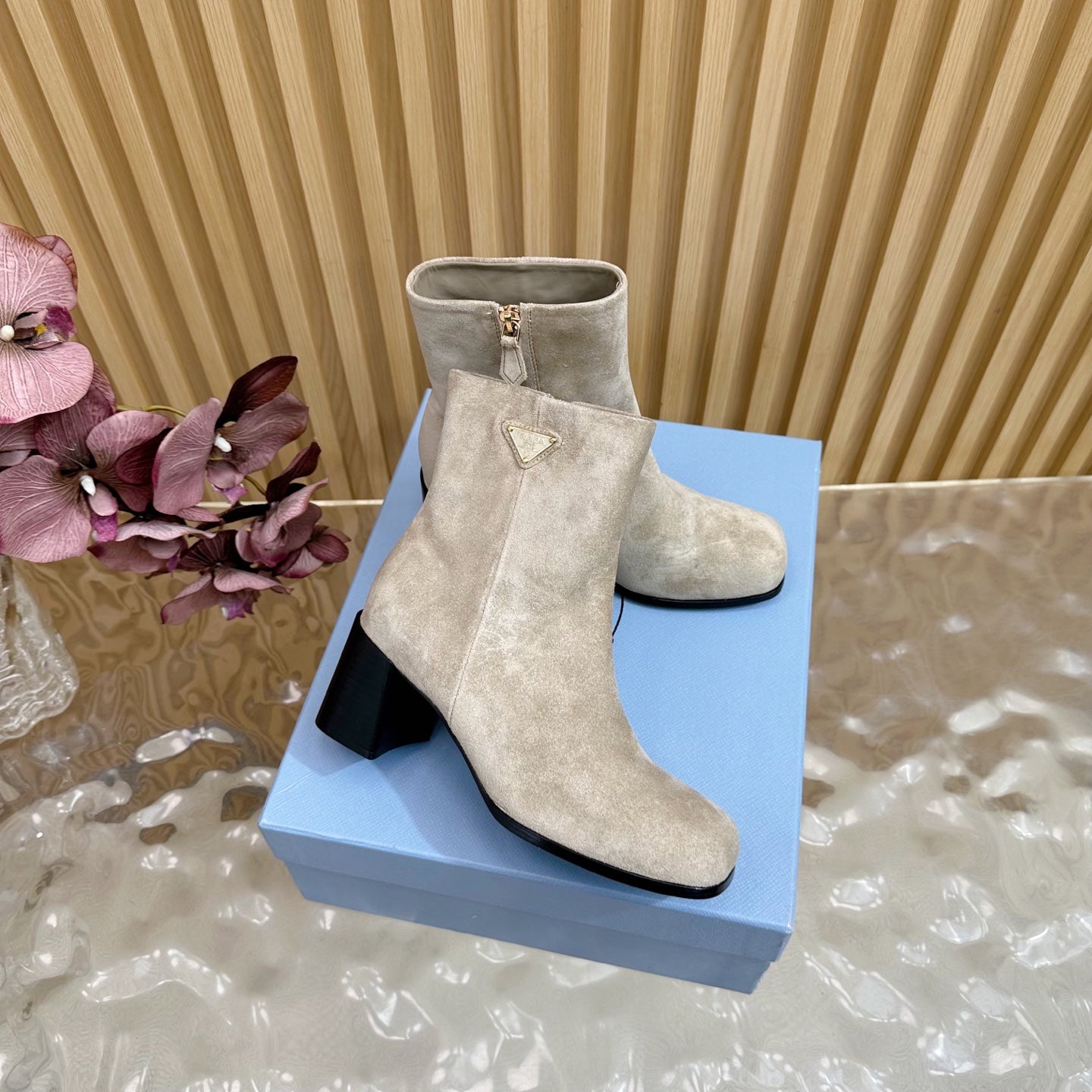 Prada 25 Boot Beige Black Suede 498221