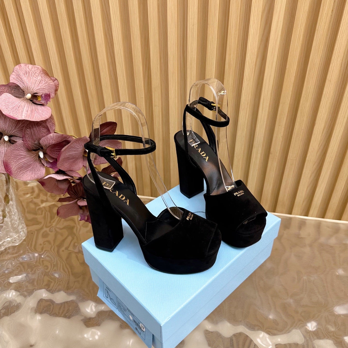 Prada 2025 Platform Sandals Black Velvet Leather 537730