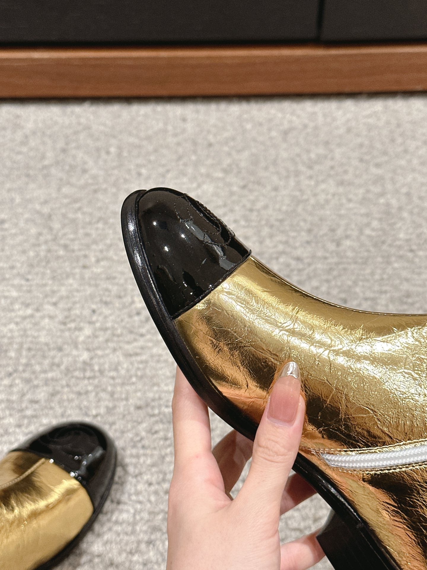 CC Short Boot Gold Metalic Lambskin Black Patent Calfskin