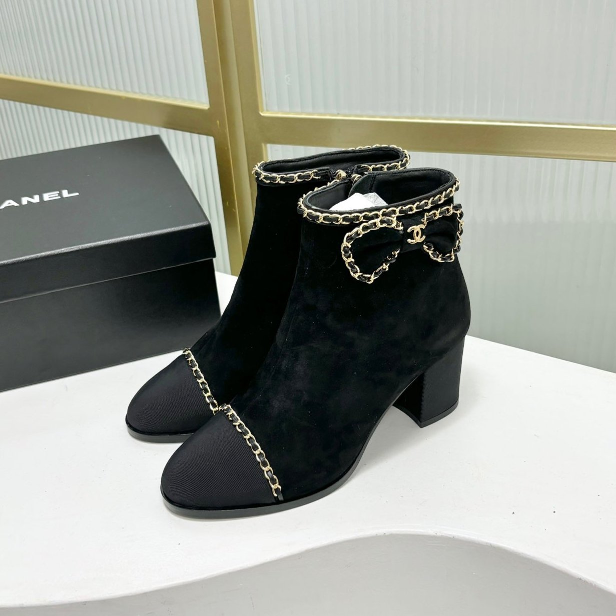 CC Ankle Boot 65 Black Suede Grosgrain Leather Strap