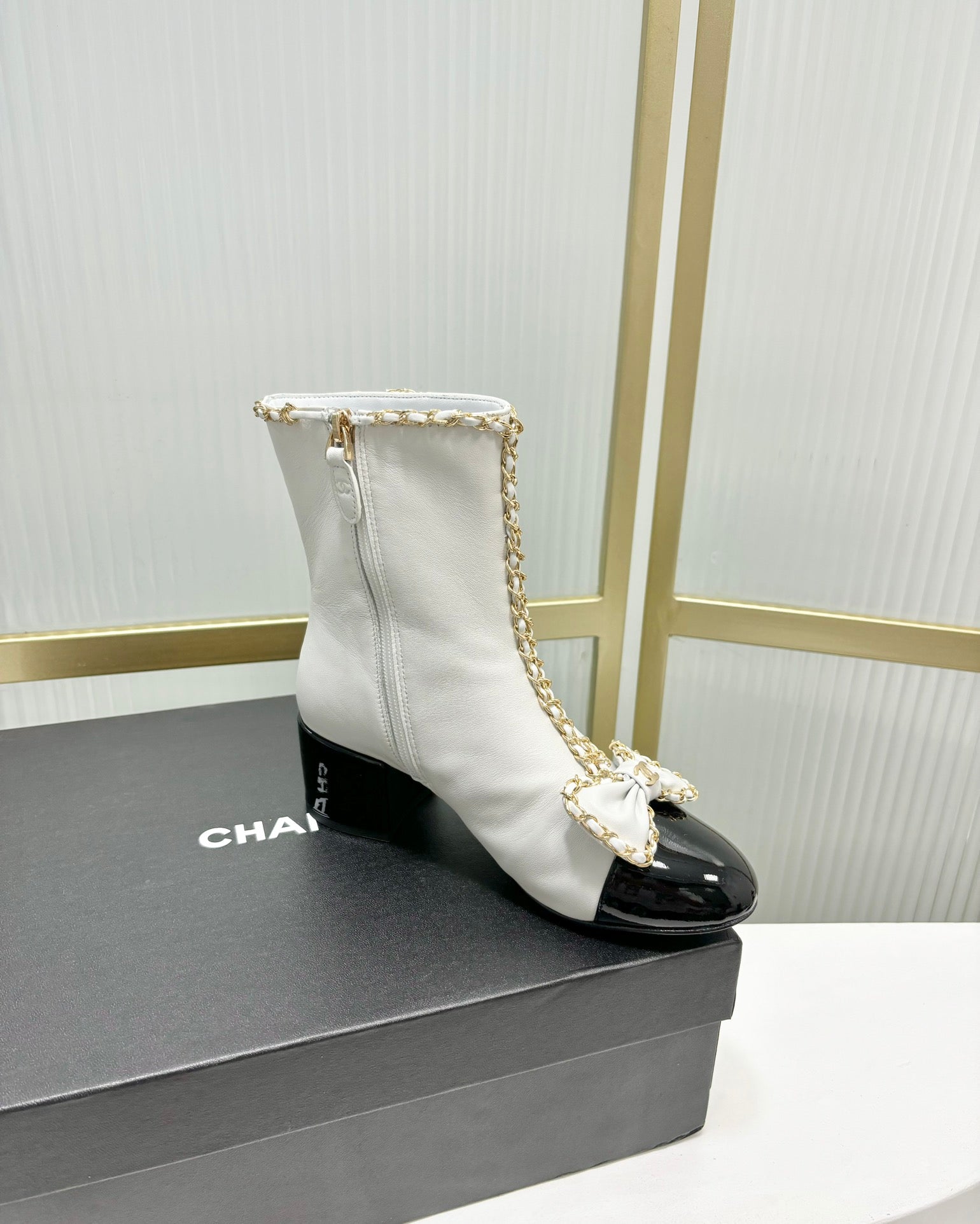CC Ankle Boot 65 White Calfskin Black Patent Calfksin Leather Strap