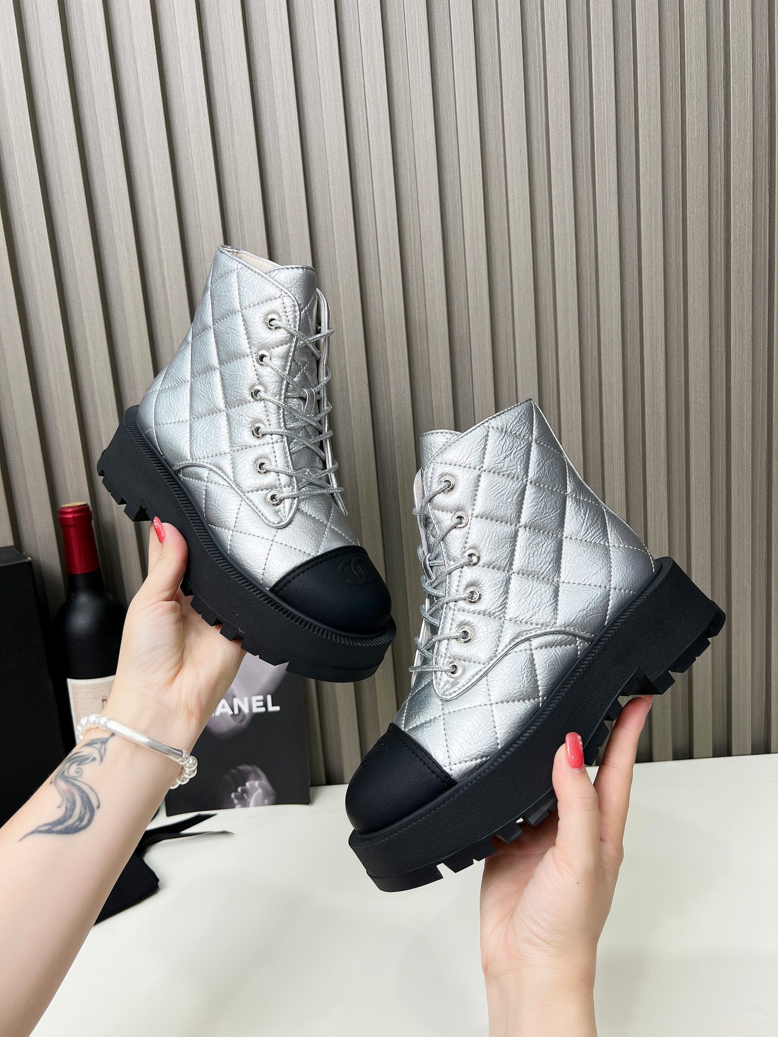 CC Combat Boots In Silver Quilted Lambskin 944579