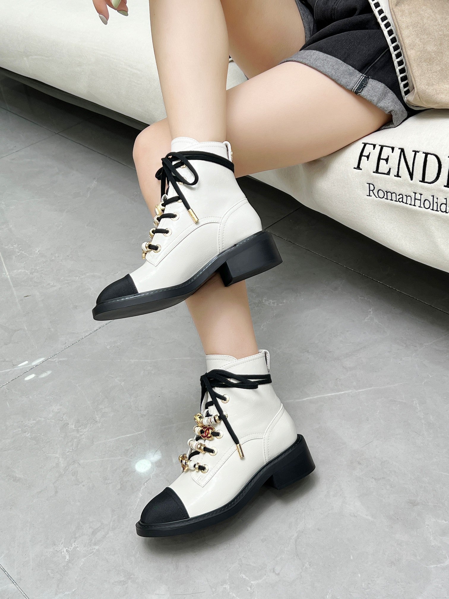 CC Combat Boots 50mm White Black Calfskin And Lycra Fabric 944550