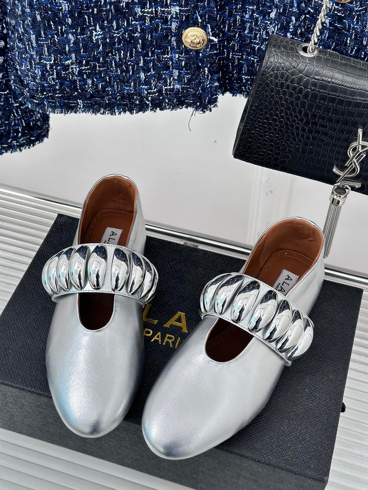 Alaia 25 Mary Jane Jewel Ballet Flats Silver Calfskin 293243