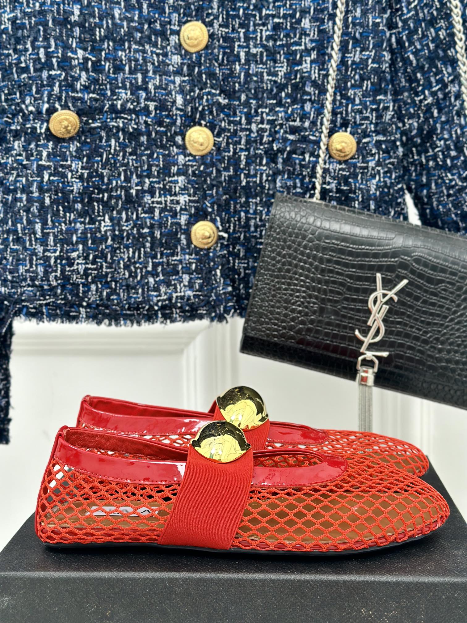 ballet flat jewel fishnet red lambskin