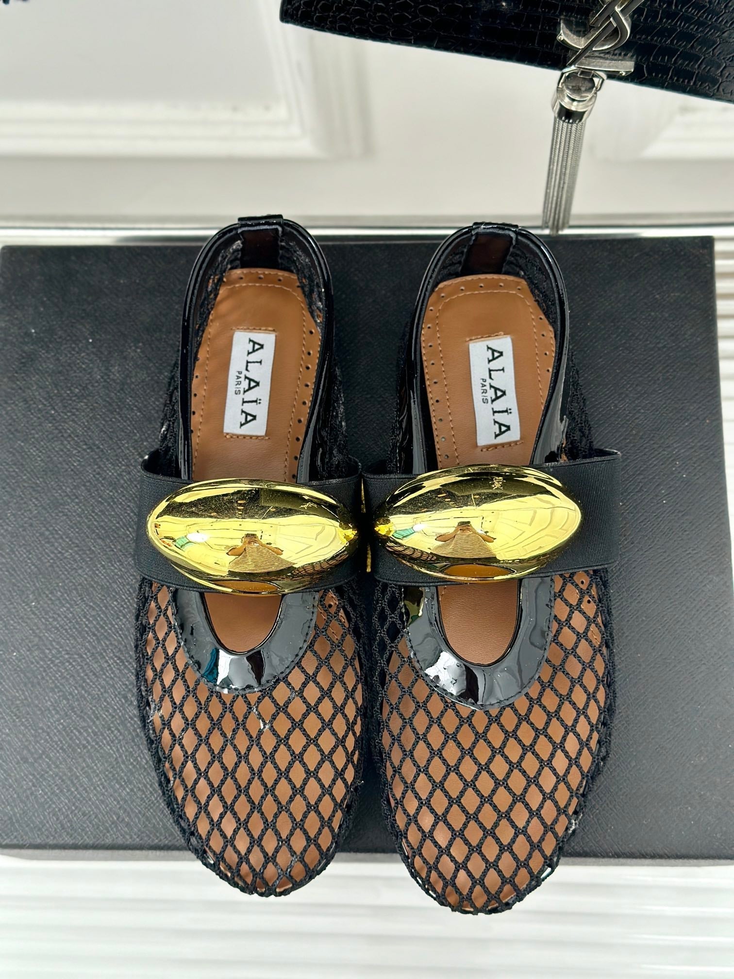 ballet flat jewel fishnet black lambskin