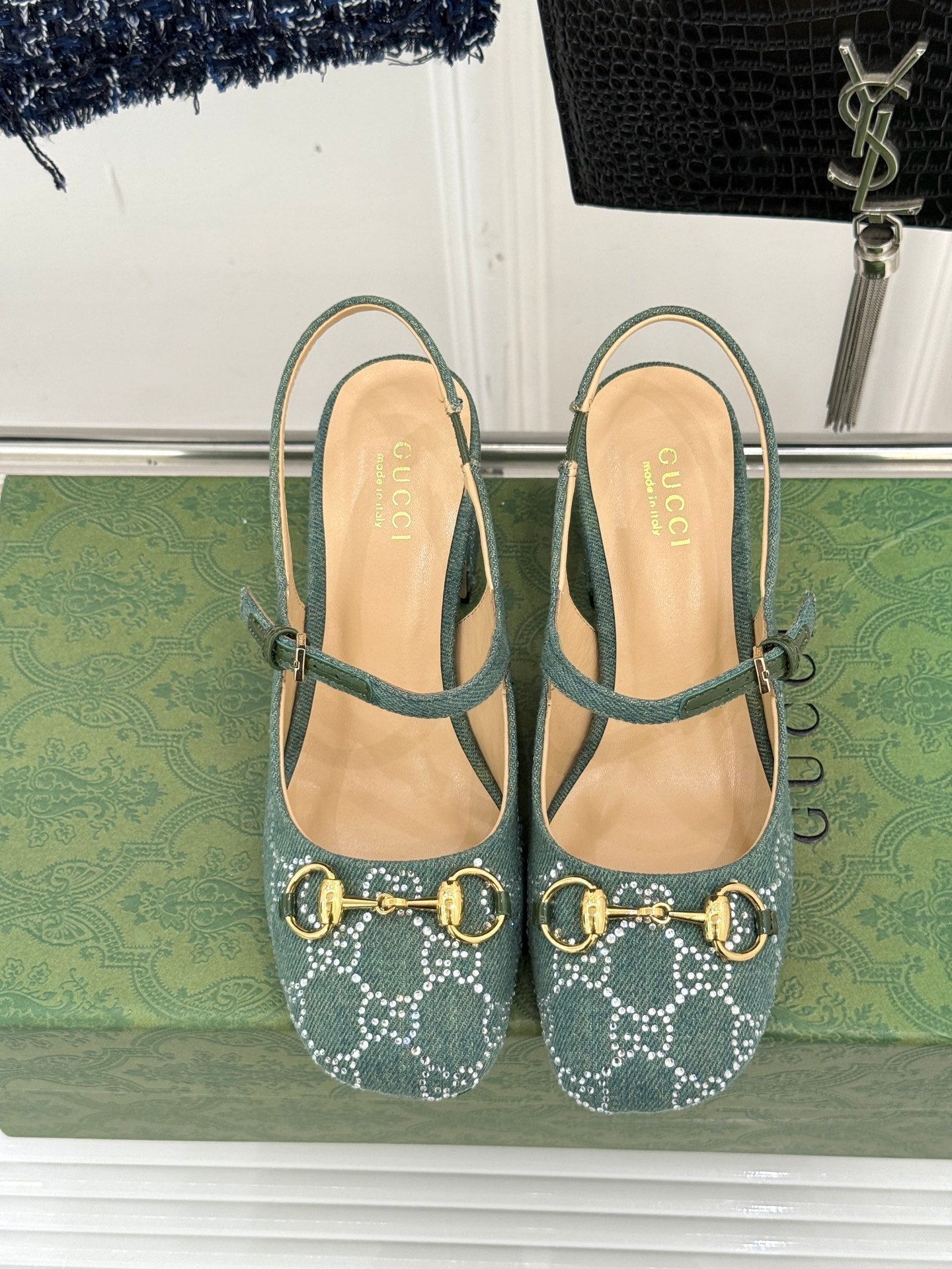 GC Horsebit Slingback Pump Muted Teal Green Denim 412735