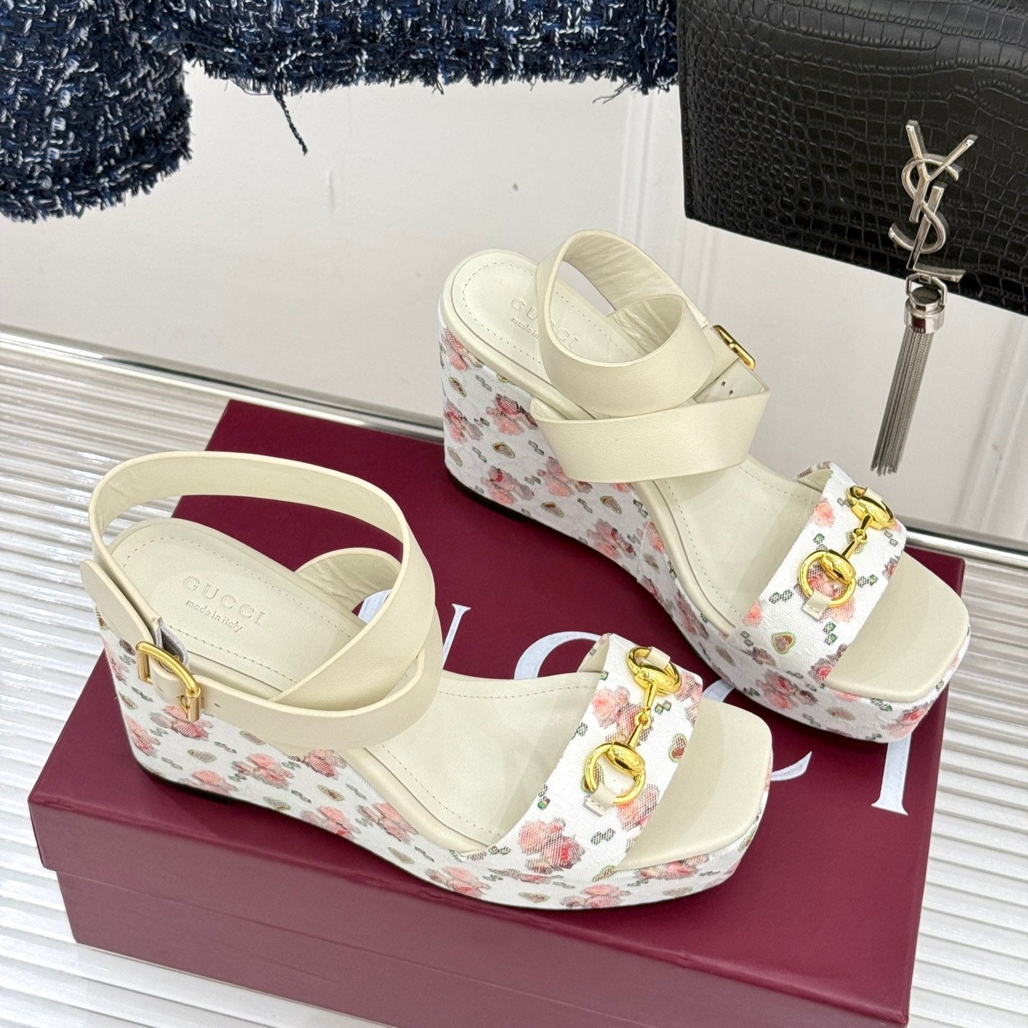 GC Floral Platform Wedge Sandal White Mix Flower lambskin