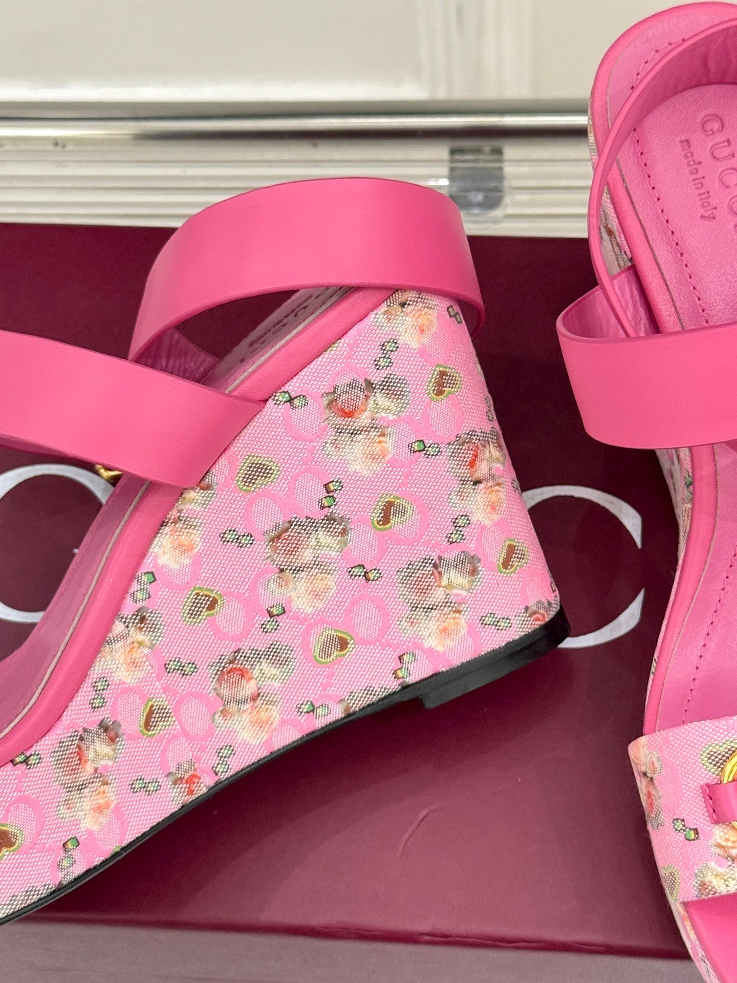 GC Floral Platform Wedge Sandal Pink Mix Flower lambskin
