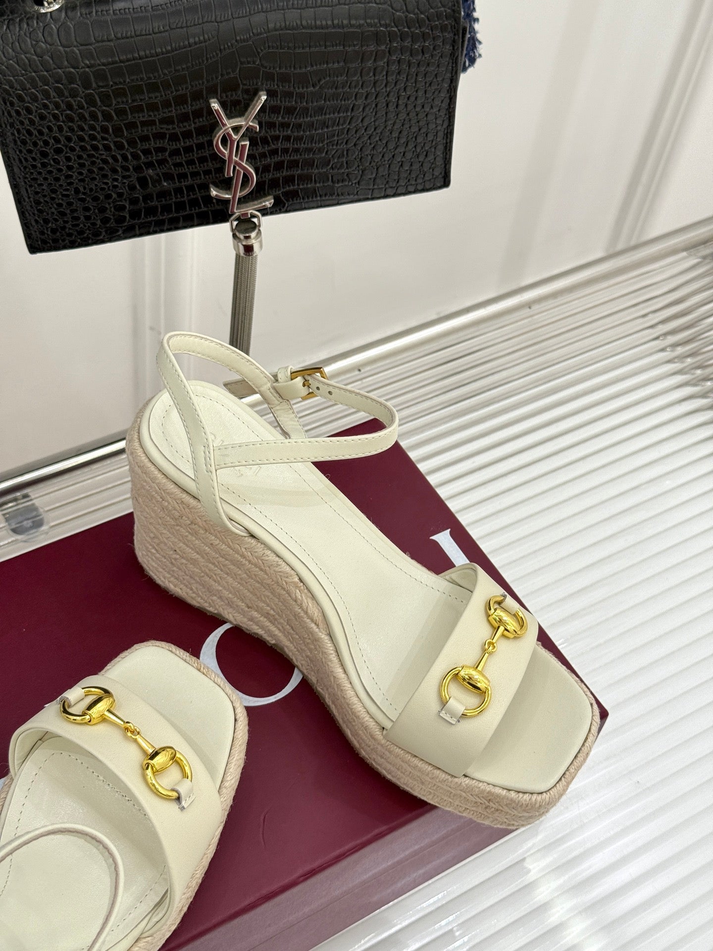 GC Floral Platform Wedge Sandal White lambskin