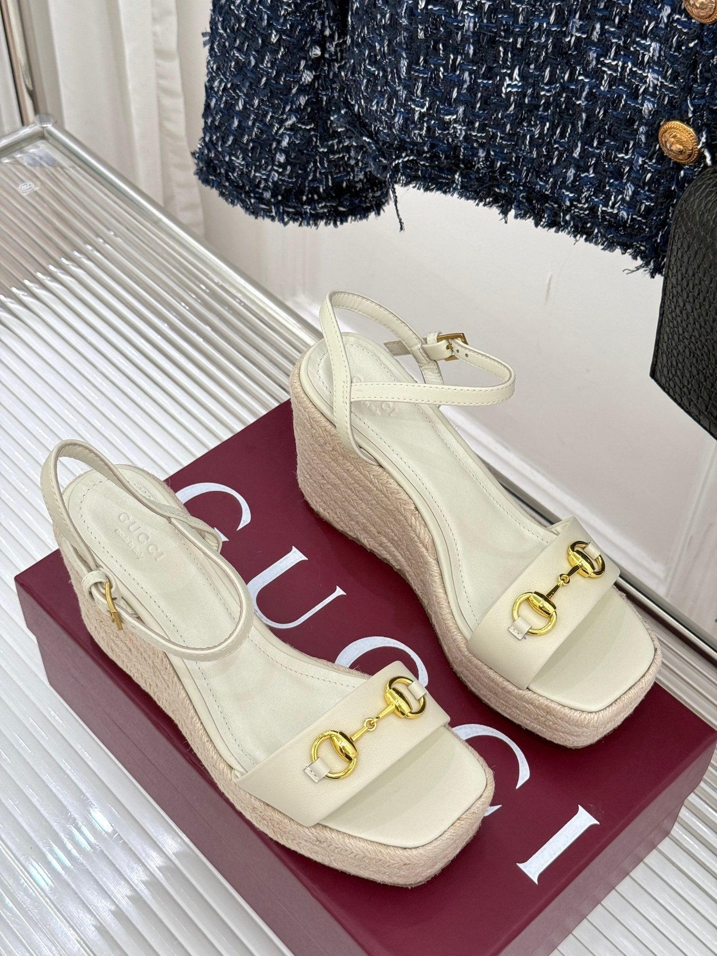 GC Floral Platform Wedge Sandal White lambskin