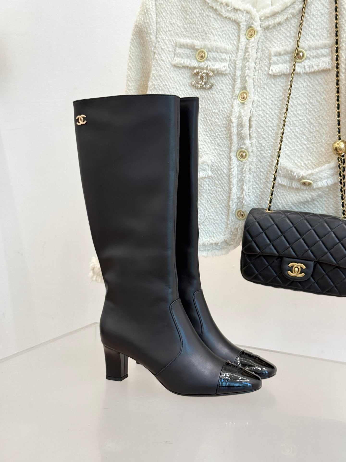 Chanel Double C Colorblock Heel Long Boot Black Sheepskin 465419