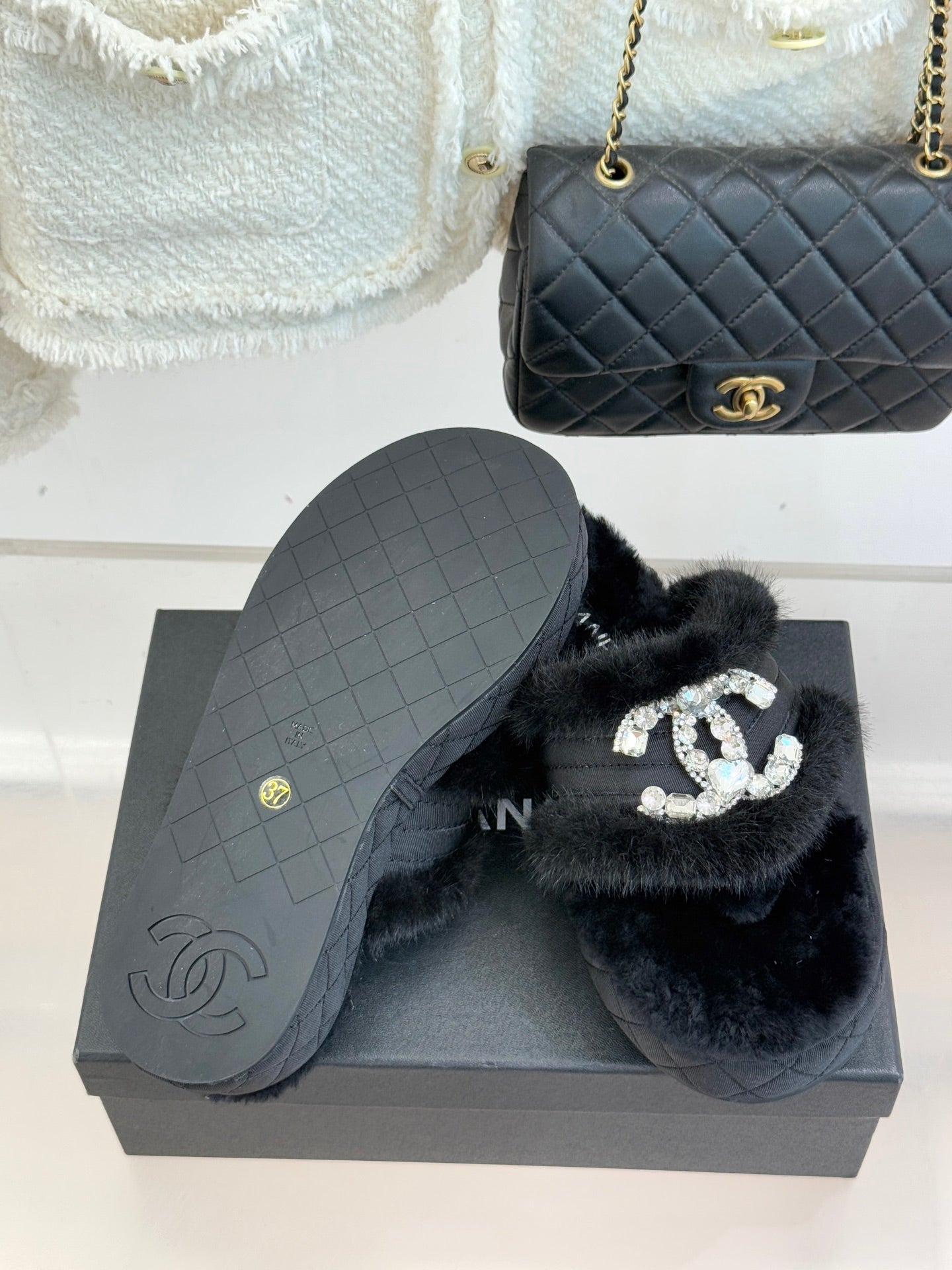CC slipper double C rhinestone buckle black wool 512051