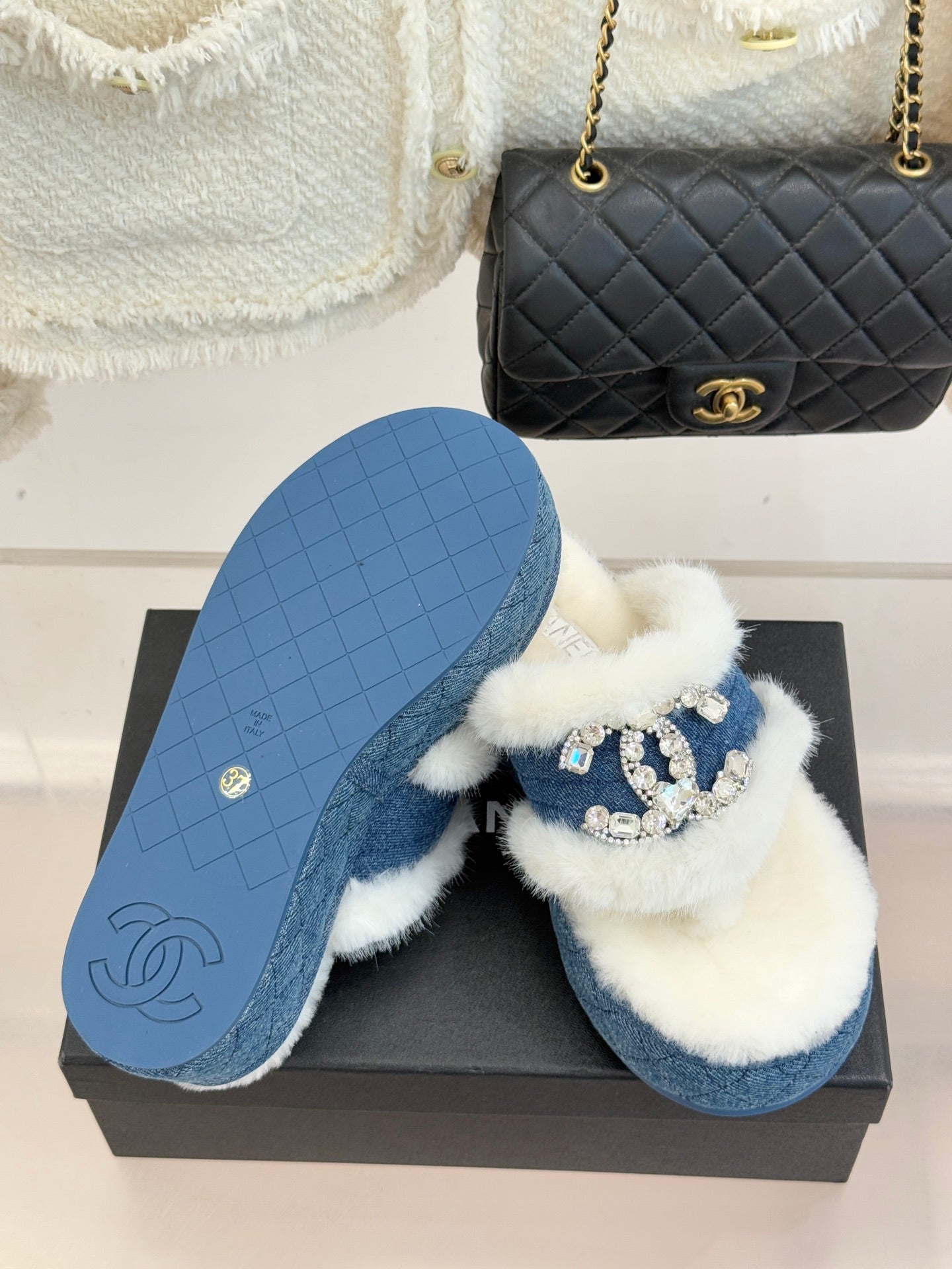 CC slipper double C rhinestone buckle white blue wool 512053