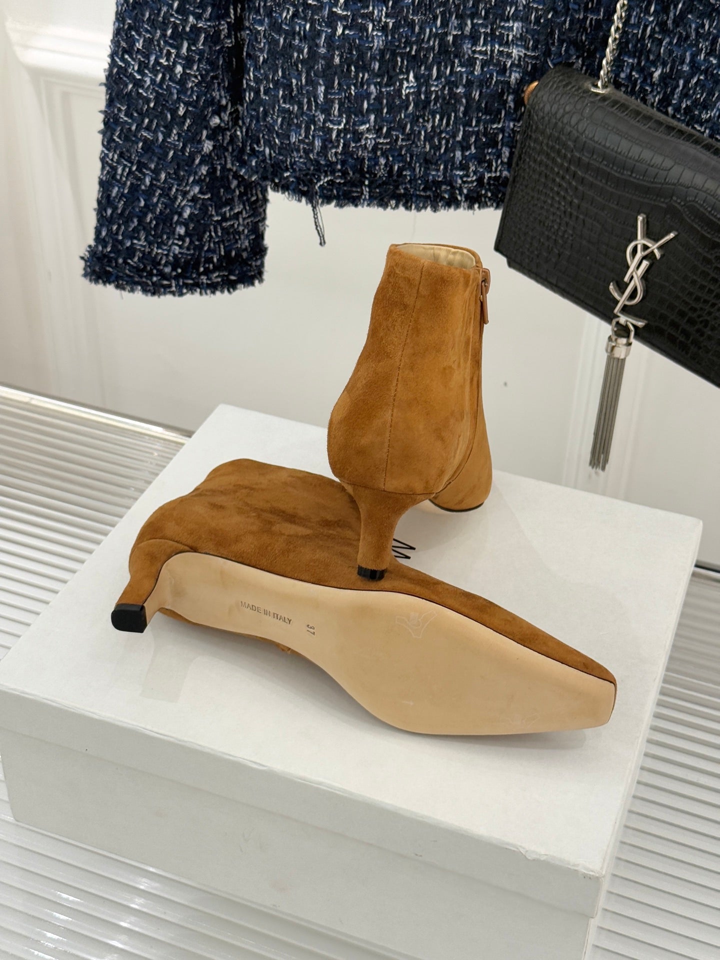 The Row 2025 Square Toe Kitten Heel Ankle Boot Camel Suede 572050