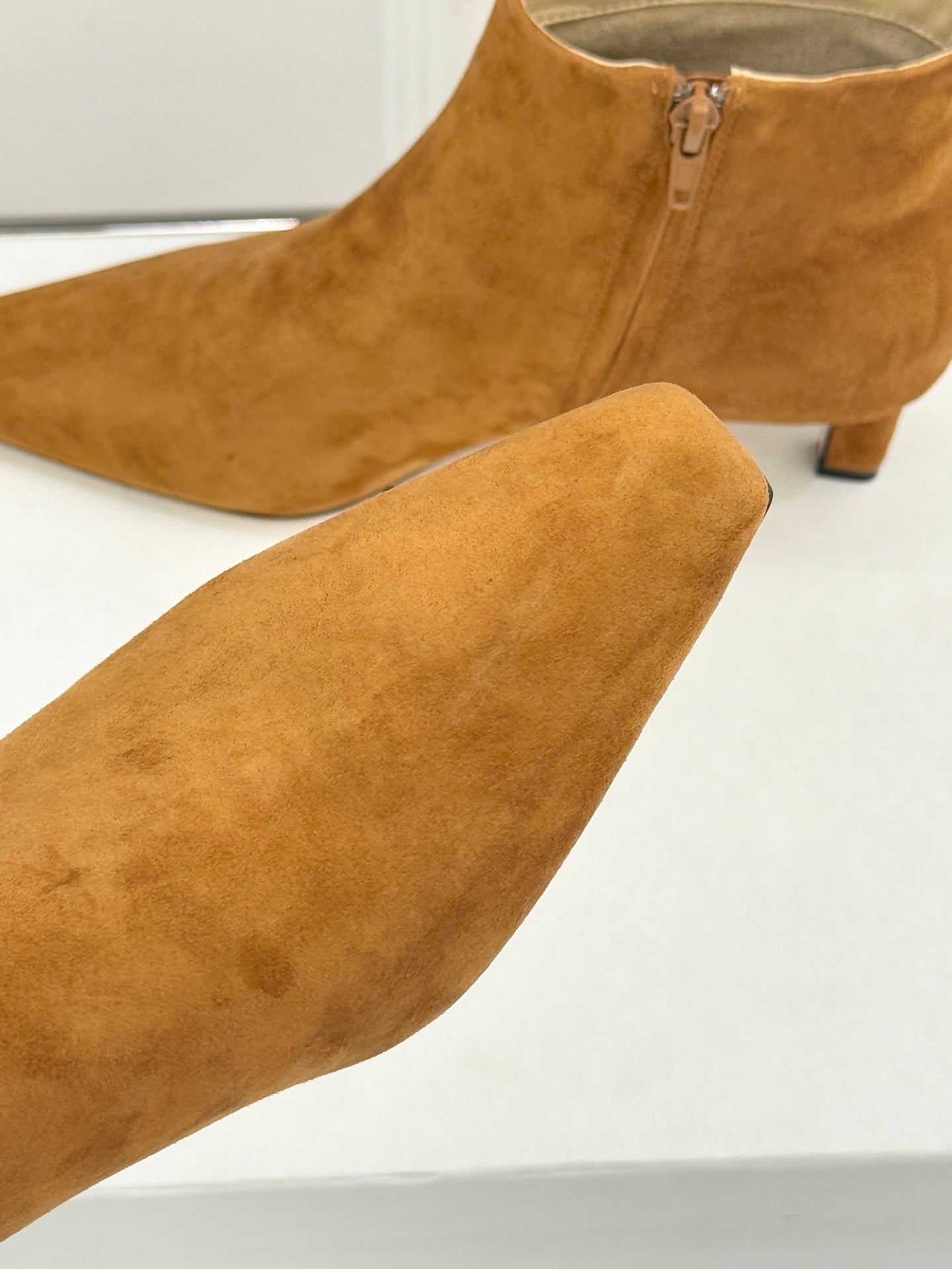 The Row 2025 Square Toe Kitten Heel Ankle Boot Camel Suede 572050