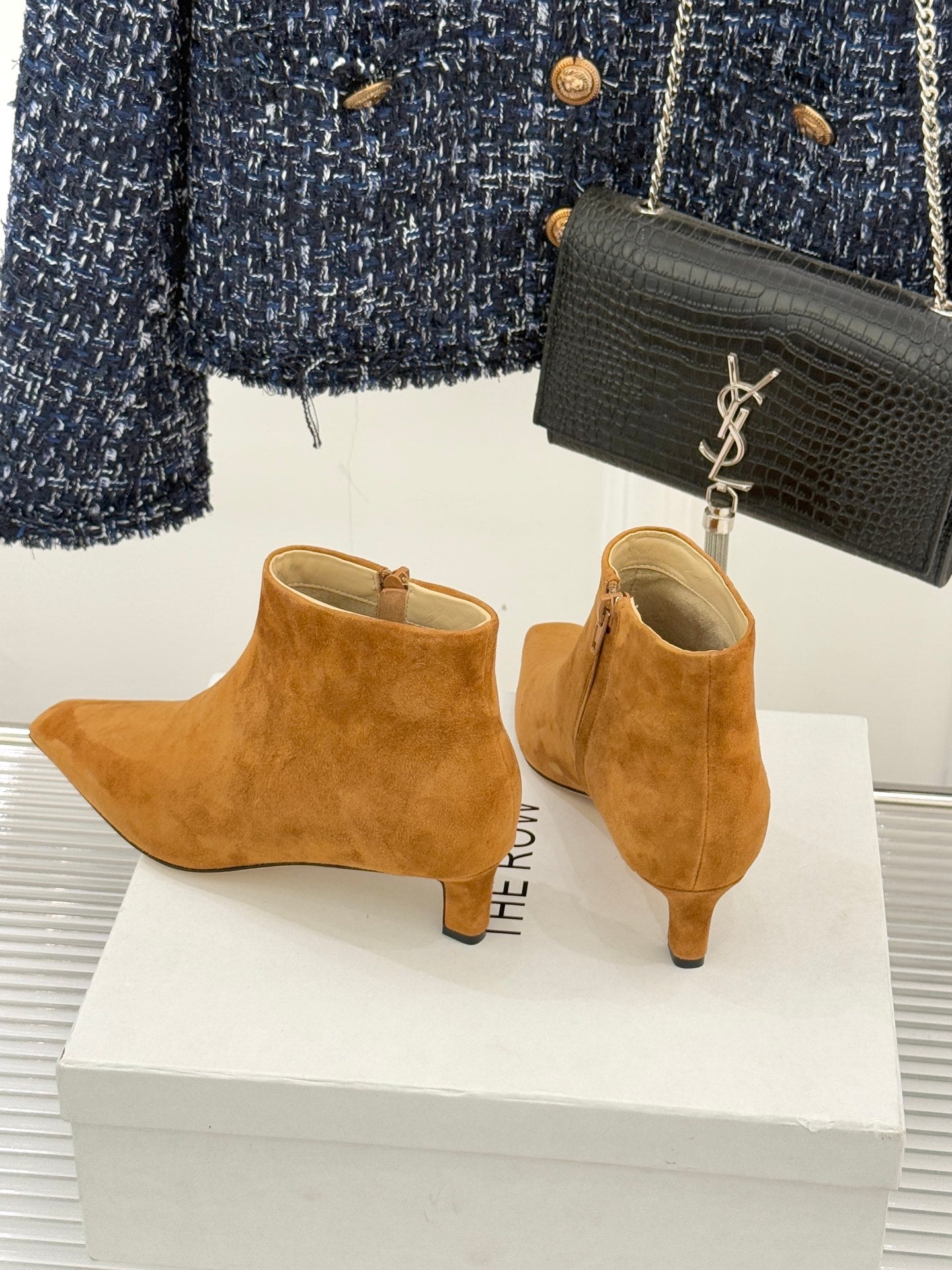 The Row 2025 Square Toe Kitten Heel Ankle Boot Camel Suede 572050