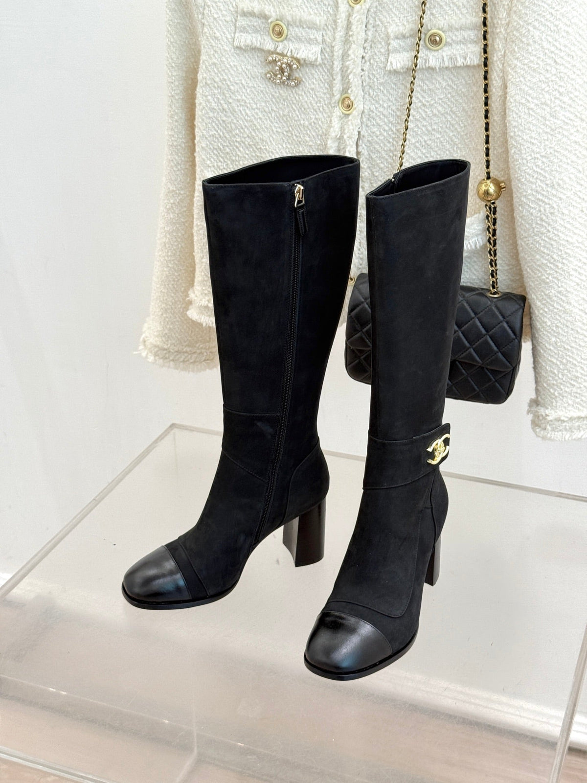 Chanel 2026 Double C Knee-High Boots 80mm Suede Leather 188646