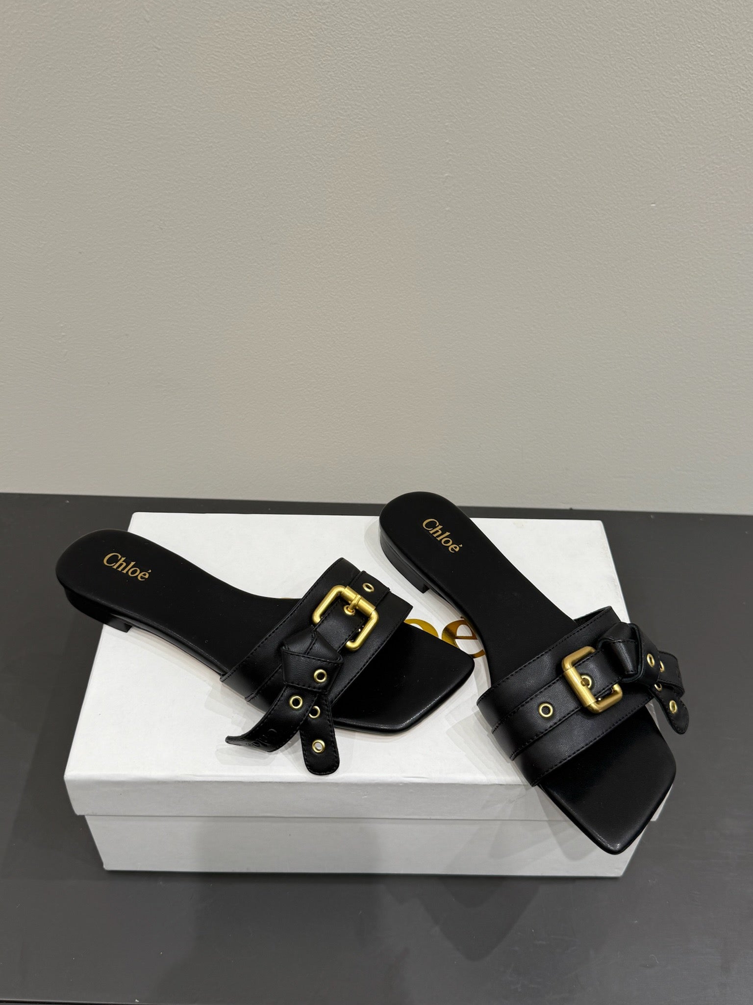 Loewe 25 Bow Metal Buckle Slide Black Cowhide