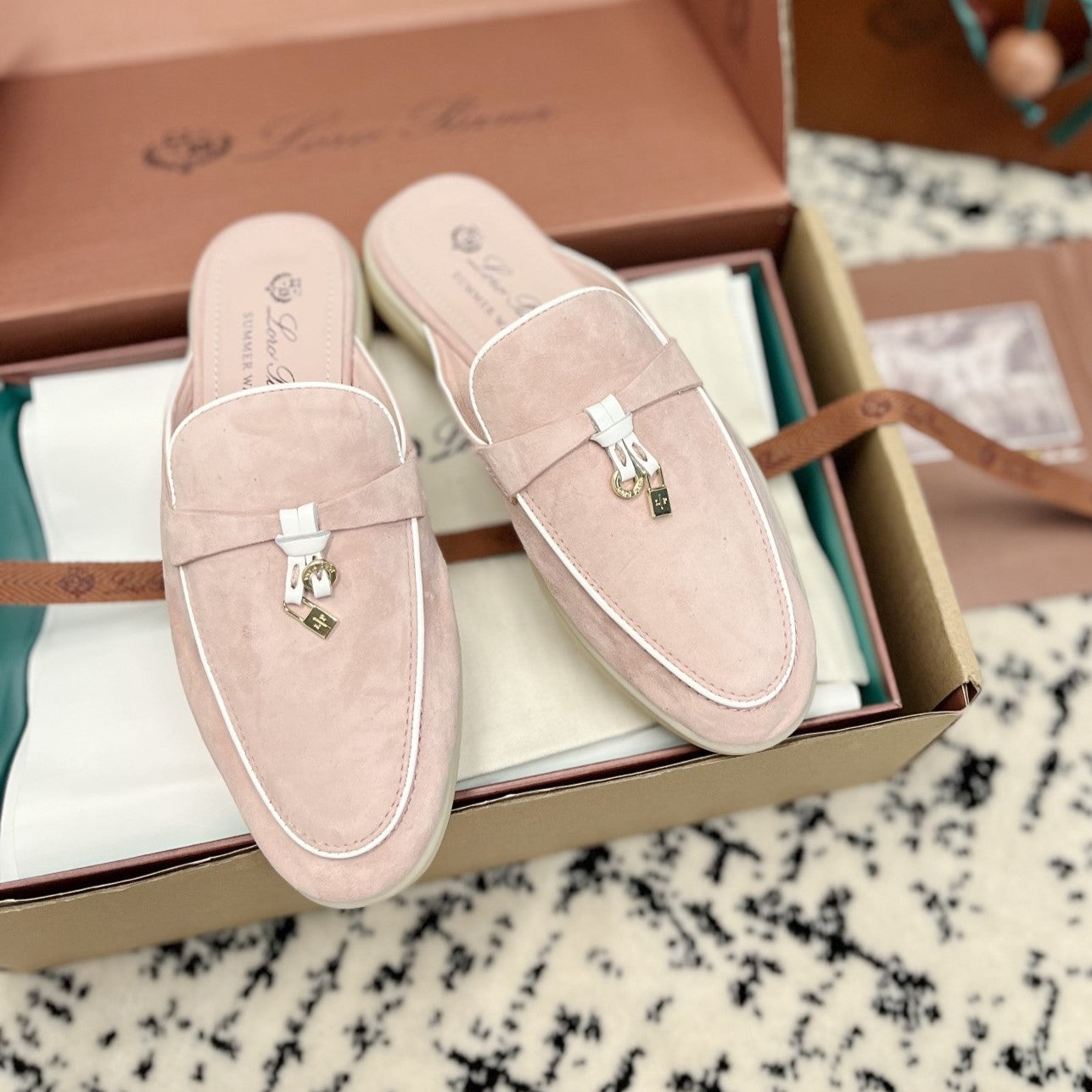 Loro Piana Light Pink White Suede Charms Walk Flat Mules