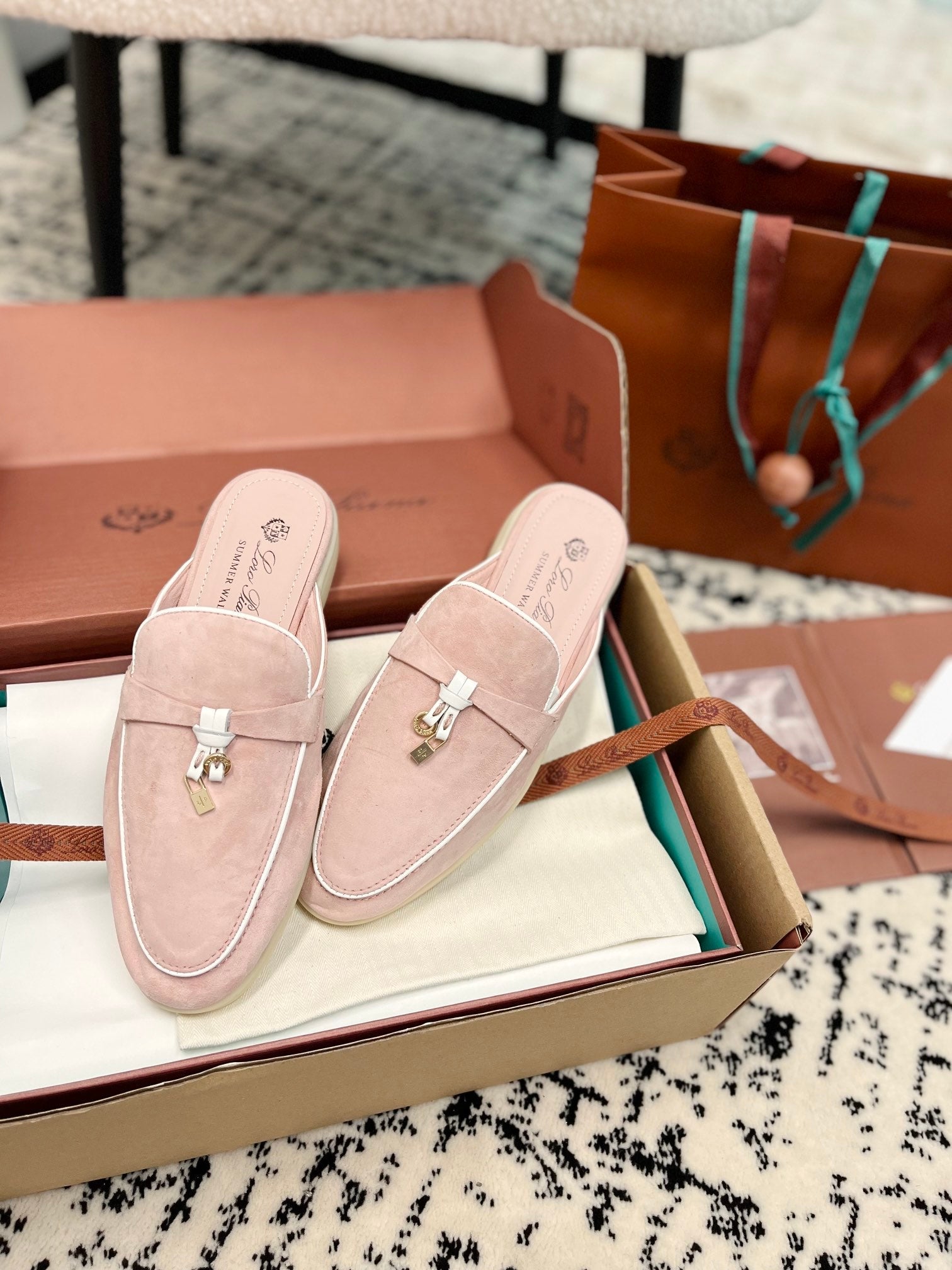 Loro Piana Light Pink White Suede Charms Walk Flat Mules