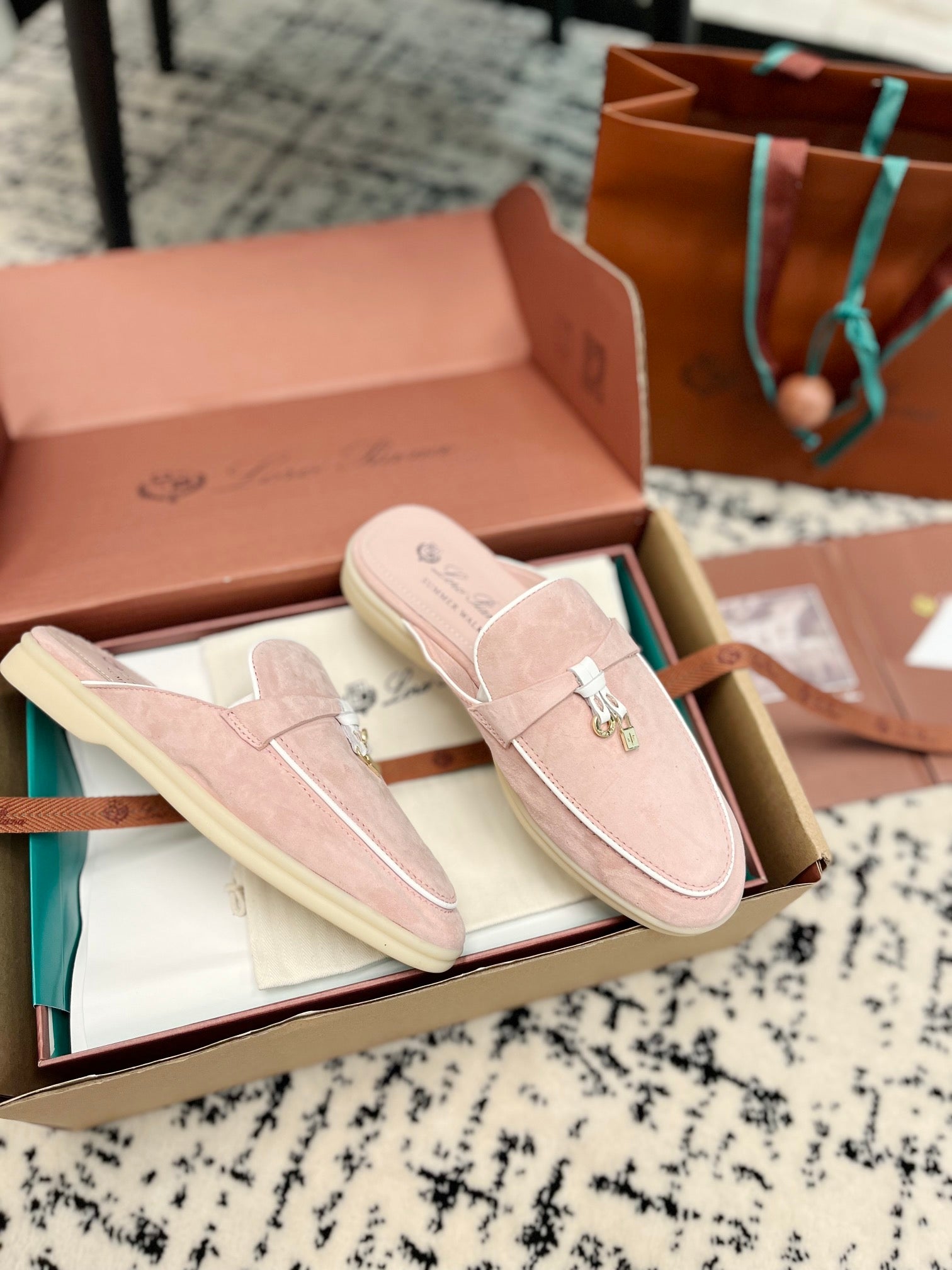 Loro Piana Light Pink White Suede Charms Walk Flat Mules